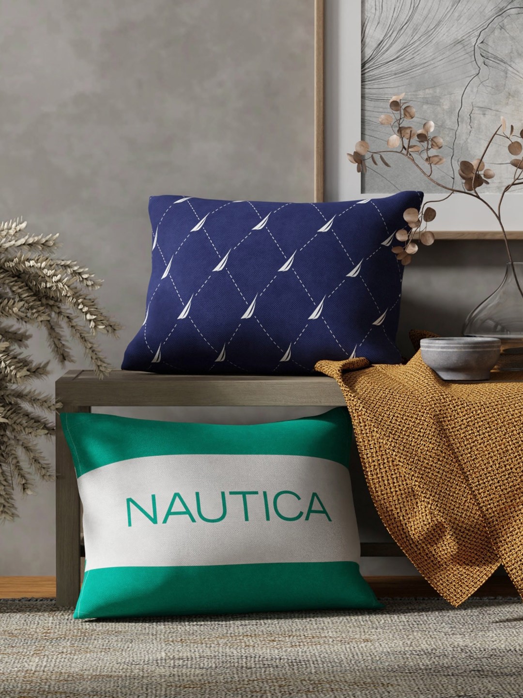 

Nautica 2 Pieces Navy Blue & Green Printed Cotton Rectangle Cushion Covers