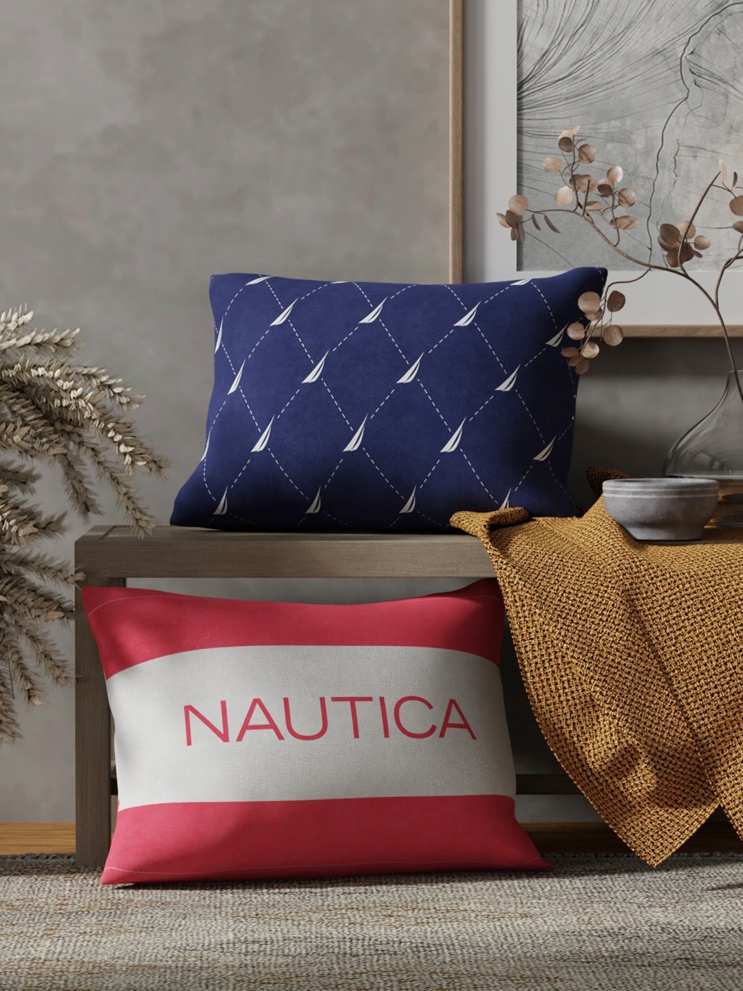 

Nautica 2 Pieces Navy Blue & Pink Printed Cotton Rectangle Cushion Covers