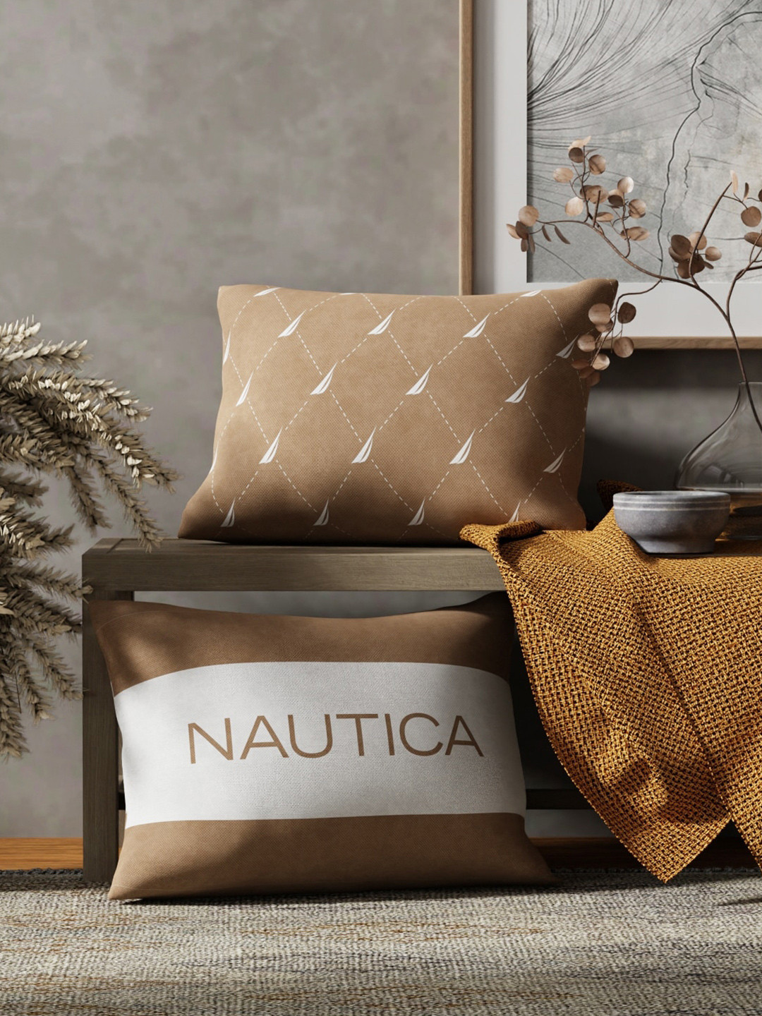 

Nautica 2 Pieces Beige & White Printed Cotton Rectangle Cushion Covers