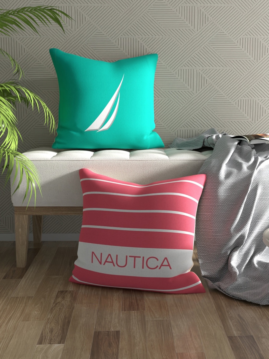 

Nautica 2 Pieces Green & Pink Striped Cotton Square Cushion Covers