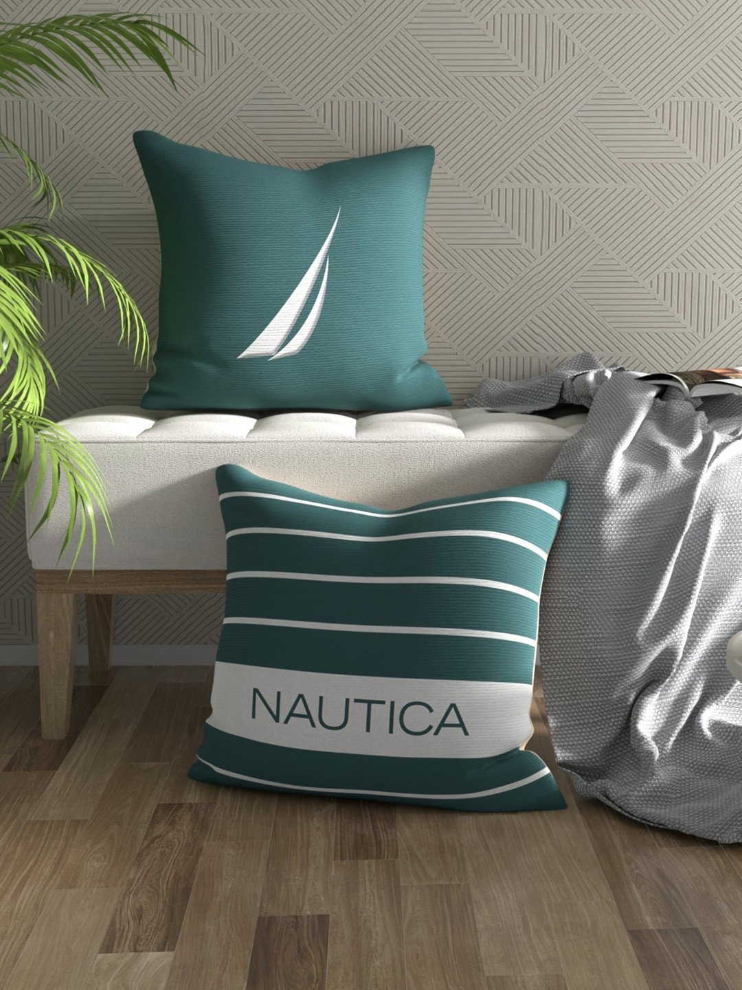

Nautica 2 Pieces Green & White Striped Cotton Square Cushion Covers