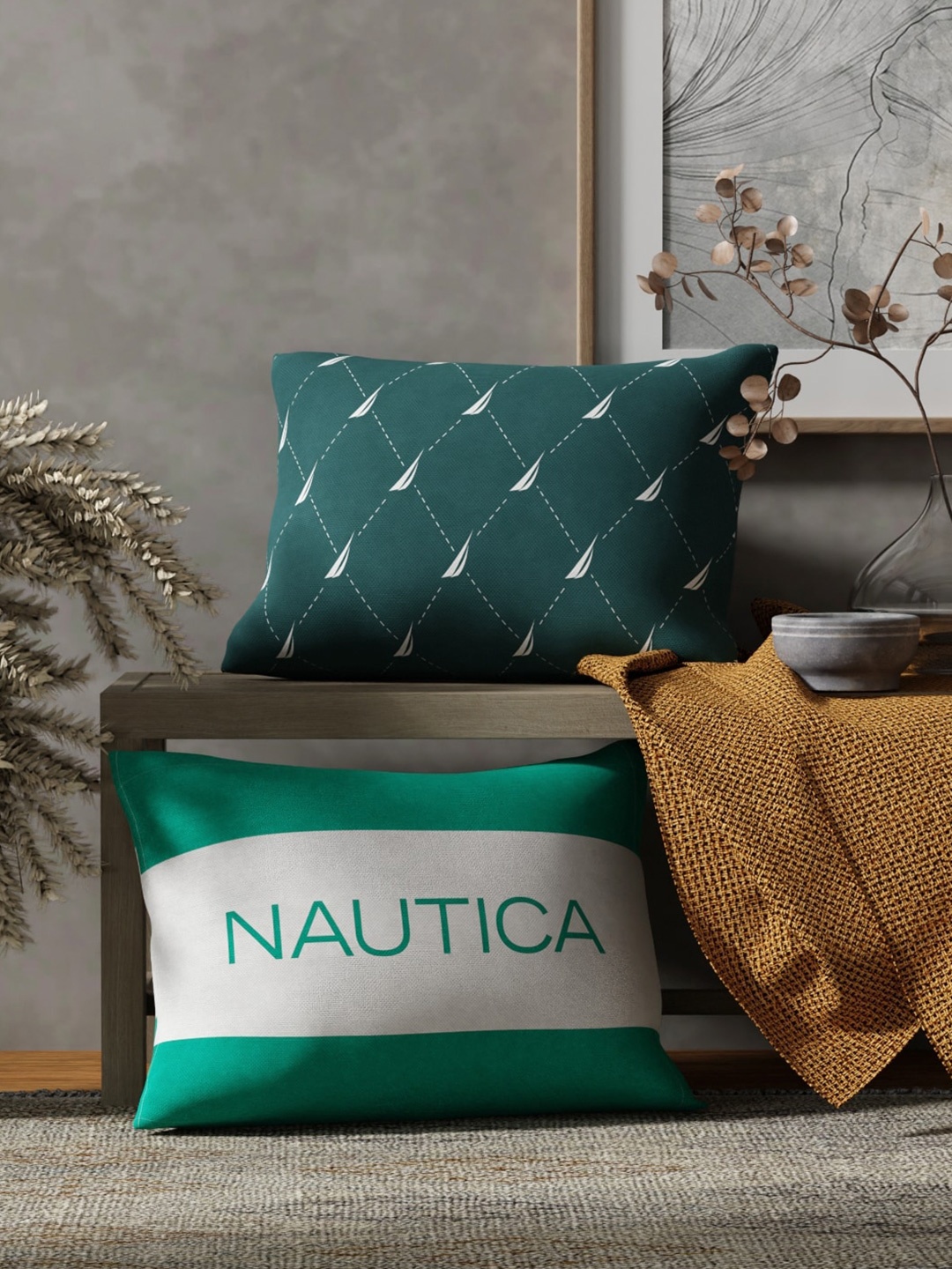 

Nautica 2 Pieces Green & White Printed Cotton Rectangle Cushion Covers