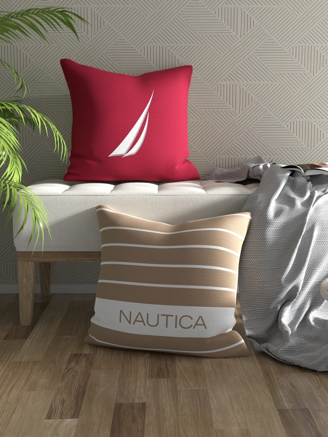 

Nautica 2 Pieces Red & Beige Striped Cotton Square Cushion Covers