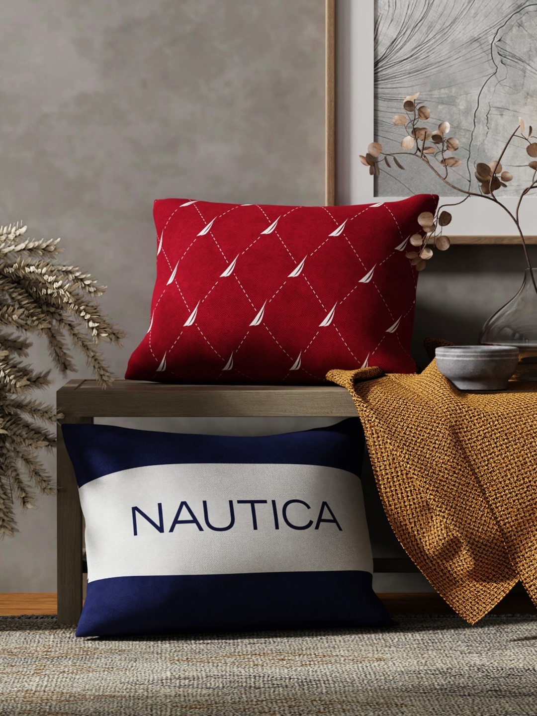 

Nautica 2 Pieces Burgundy & Navy Blue Printed Cotton Rectangle Cushion Covers