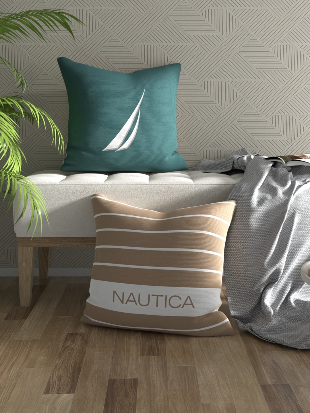 

Nautica Green & Beige 2 Pieces Striped Pure Cotton Square Cushion Covers