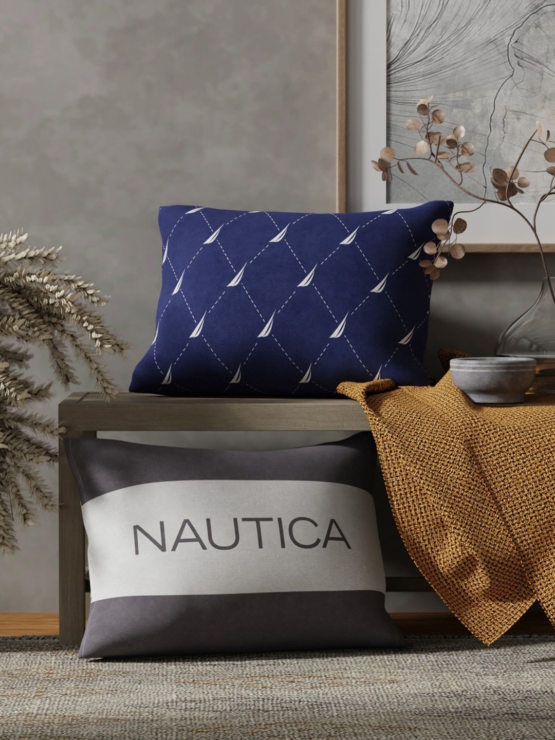 

Nautica Navy Blue & White 2 Pieces Striped Pure Cotton Rectangle Cushion Covers