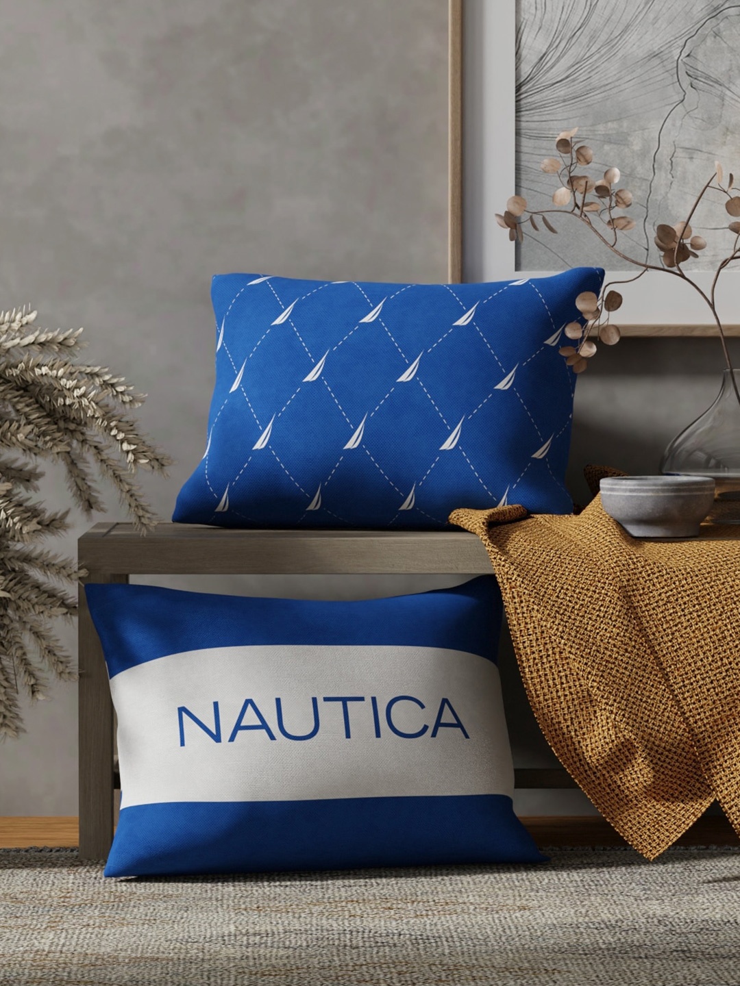 

Nautica Blue & White 2 Pieces Striped Pure Cotton Rectangle Cushion Covers