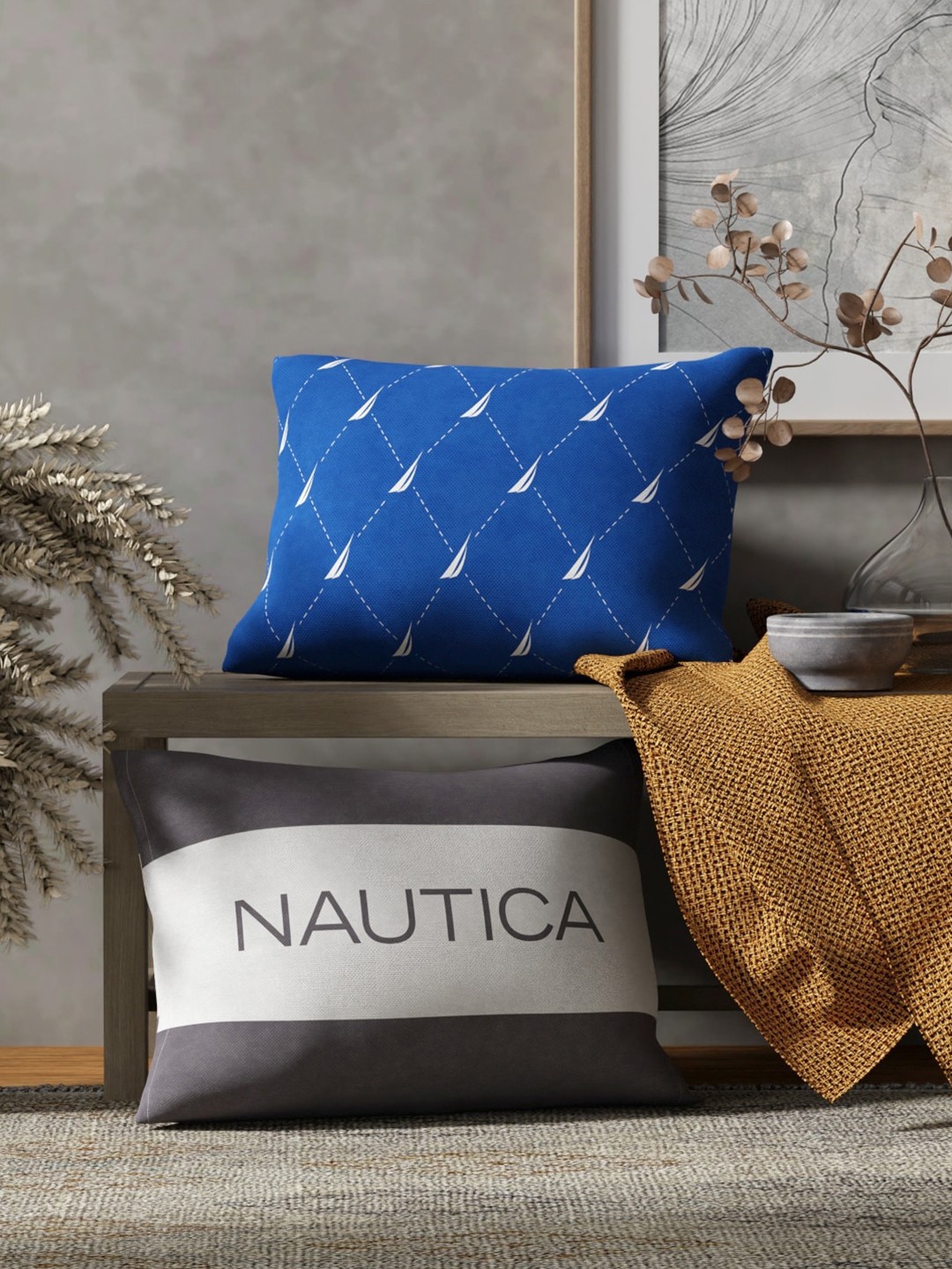 

Nautica Blue & Grey 2 Pieces Striped Pure Cotton Rectangle Cushion Covers