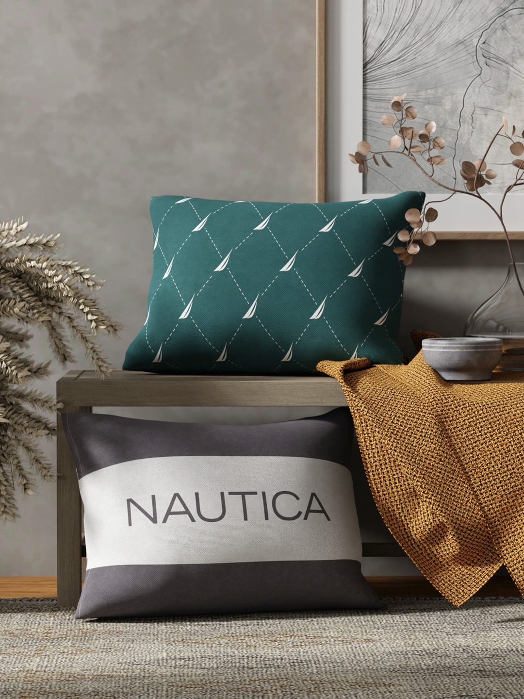 

Nautica Green & White 2 Pieces Striped Pure Cotton Rectangle Cushion Covers