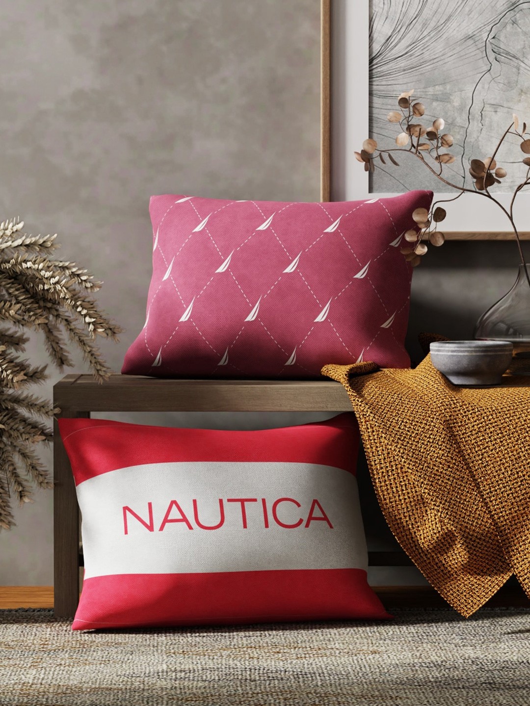 

Nautica Pink & White 2 Pieces Striped Pure Cotton Rectangle Cushion Covers