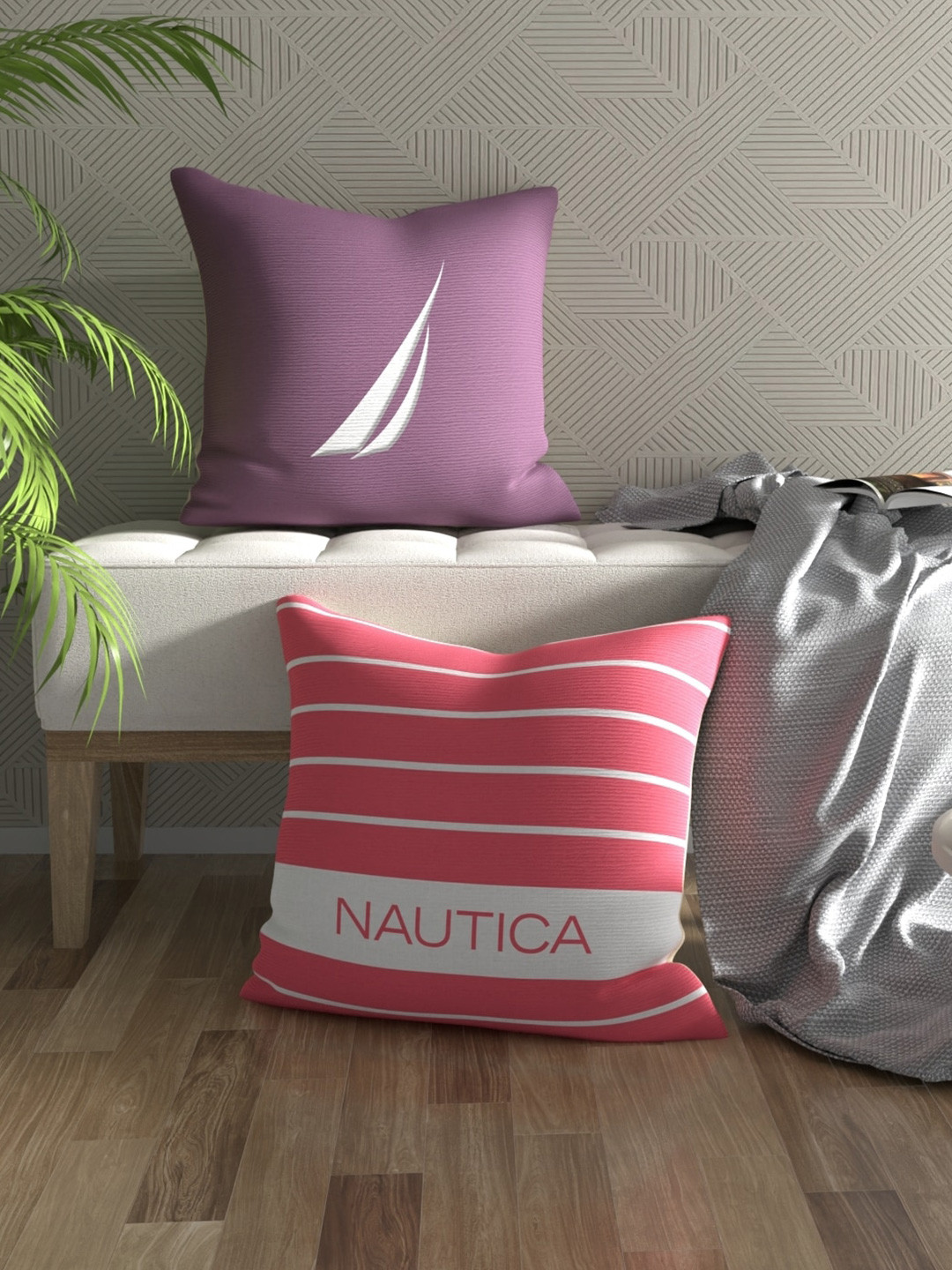 

Nautica Red & White 2 Pieces Striped Pure Cotton Square Cushion Covers
