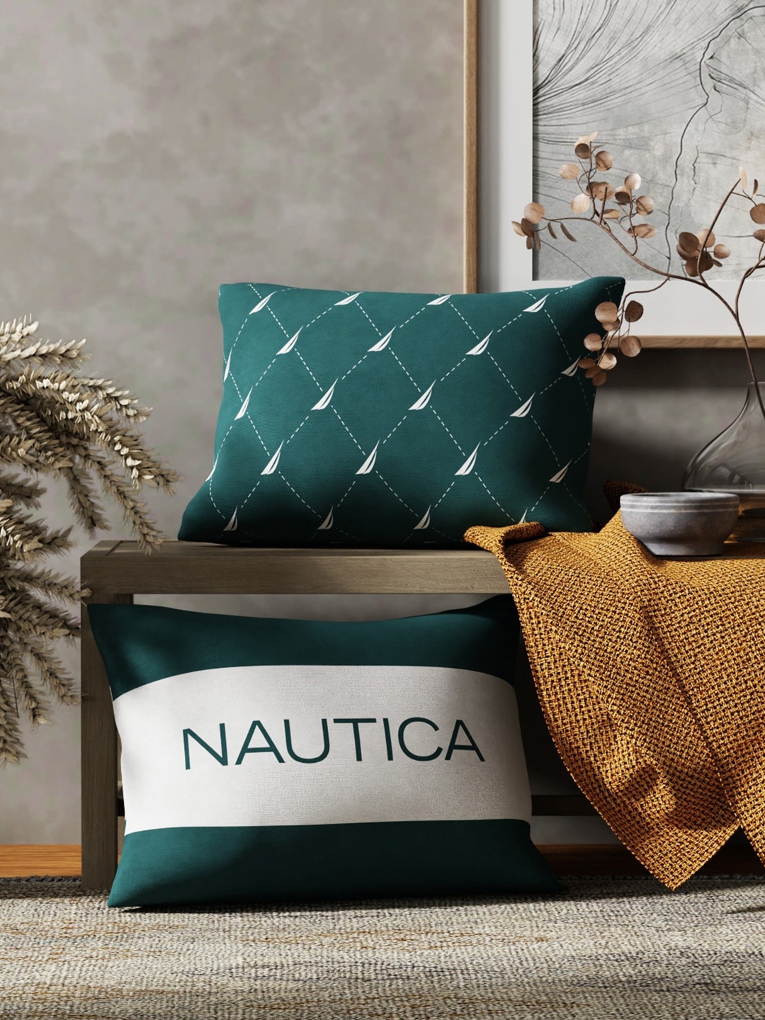 

Nautica Green & White 2 Pieces Striped Pure Cotton Rectangle Cushion Covers