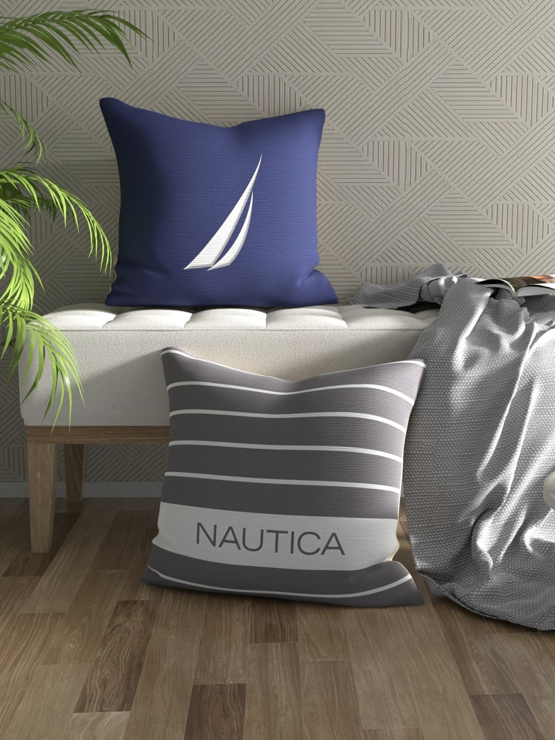 

Nautica Navy Blue & Grey 2 Pieces Striped Pure Cotton Square Cushion Covers