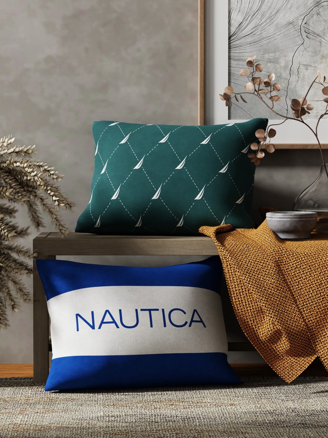 

Nautica Green & White 2 Pieces Striped Pure Cotton Rectangle Cushion Covers