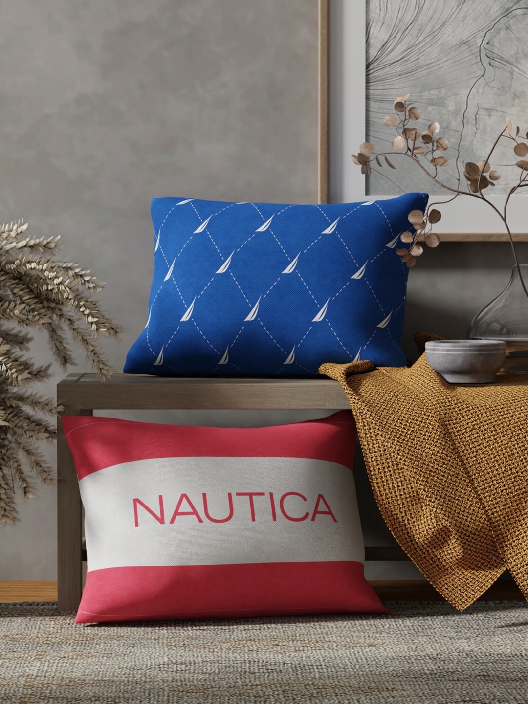 

Nautica Blue & Red 2 Pieces Striped Pure Cotton Rectangle Cushion Covers