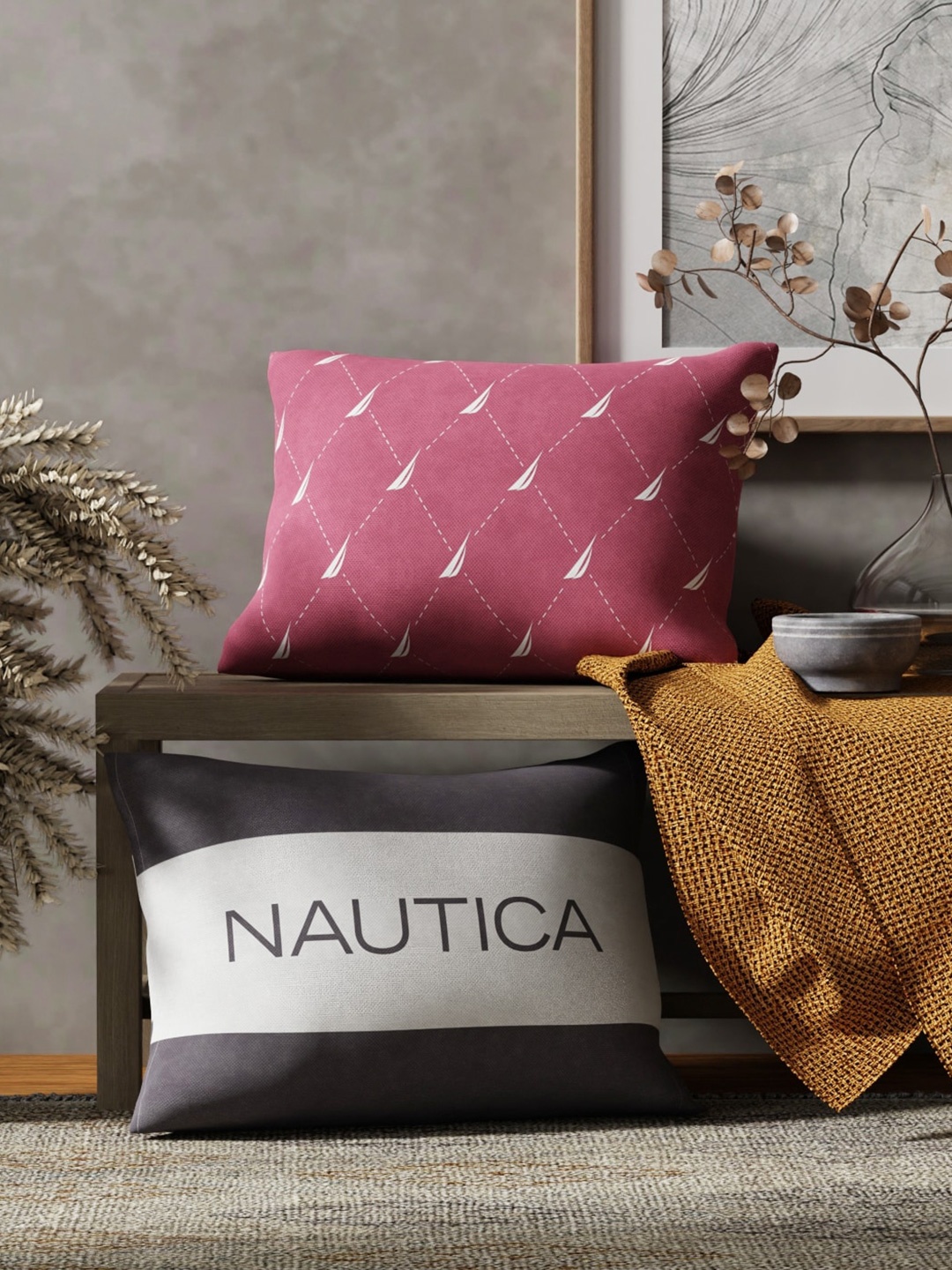 

Nautica Pink & Grey 2 Pieces Striped Pure Cotton Rectangle Cushion Covers