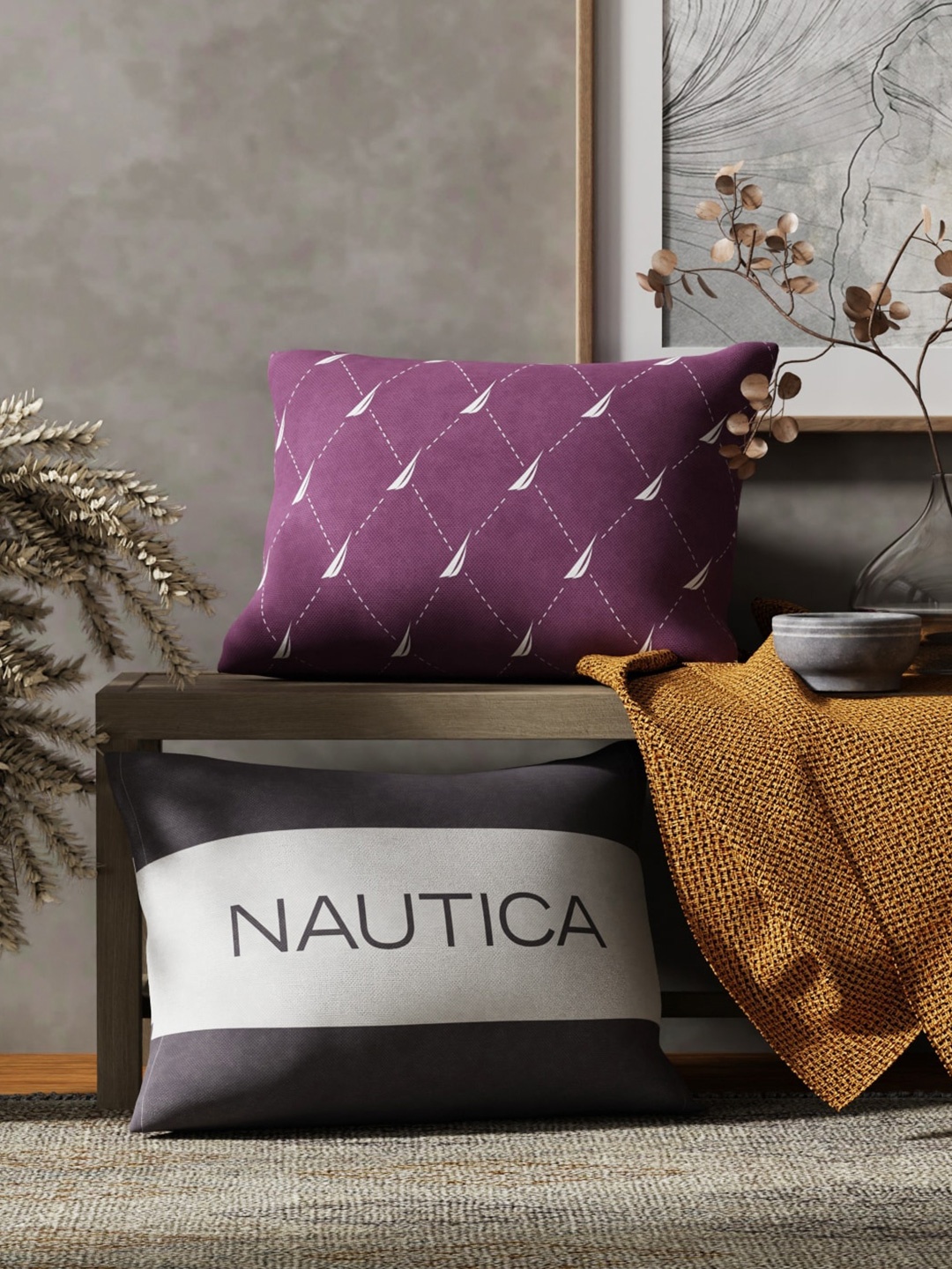 

Nautica Purple & Grey 2 Pieces Striped Pure Cotton Rectangle Cushion Covers