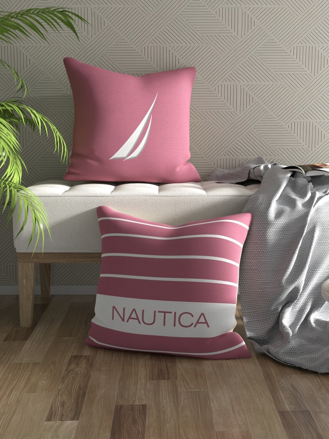 

Nautica Pink & White 2 Pieces Striped Pure Cotton Square Cushion Covers