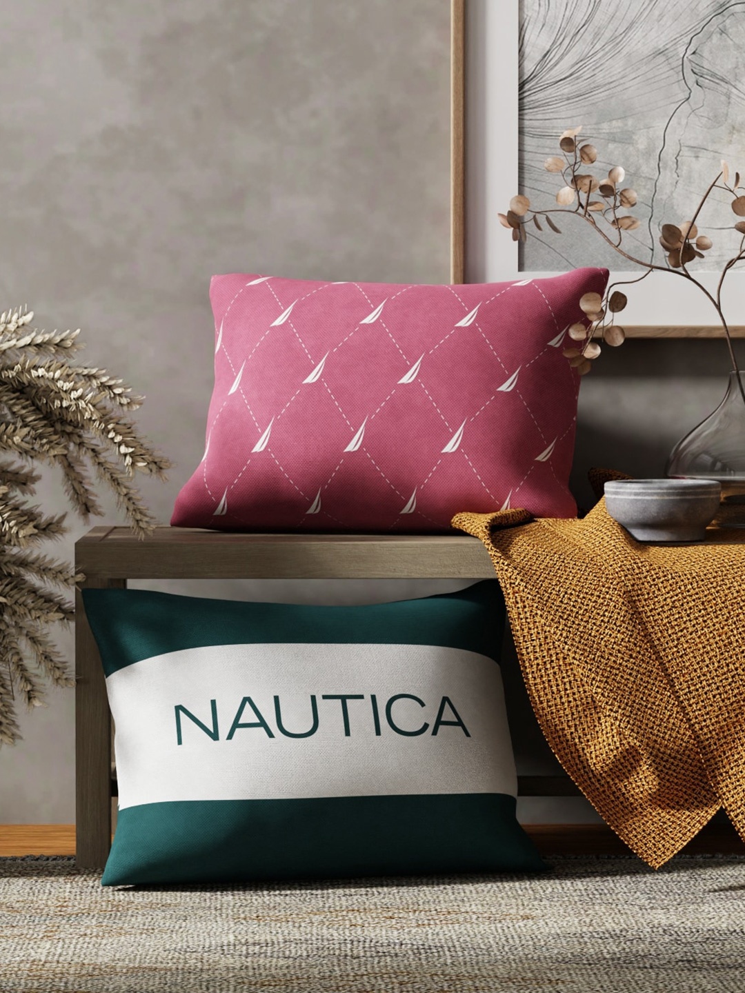 

Nautica Pink & Green 2 Pieces Striped Pure Cotton Rectangle Cushion Covers