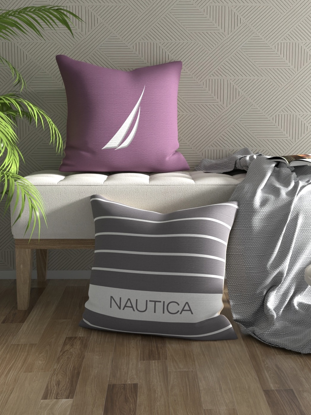 

Nautica Purple & Grey 2 Pieces Striped Pure Cotton Square Cushion Covers