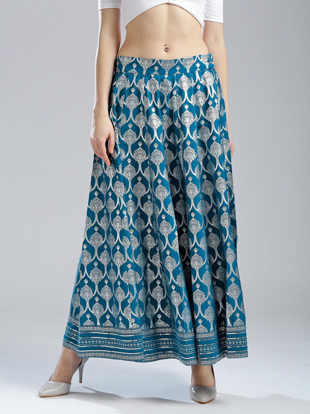 

WISHFUL by W Women Teal Blue & Silver Printed Maxi Flared Skirt