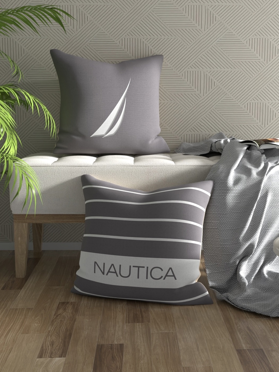 

Nautica Grey & White 2 Pieces Striped Pure Cotton Square Cushion Covers
