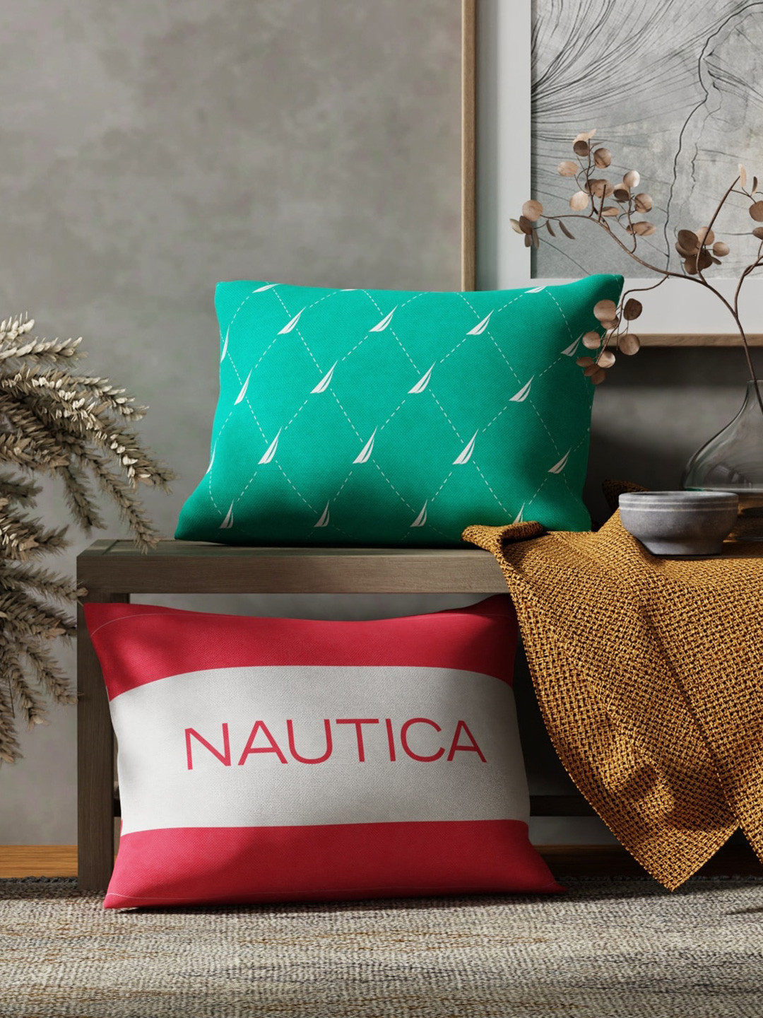 

Nautica Green & Red 2 Pieces Striped Pure Cotton Rectangle Cushion Covers