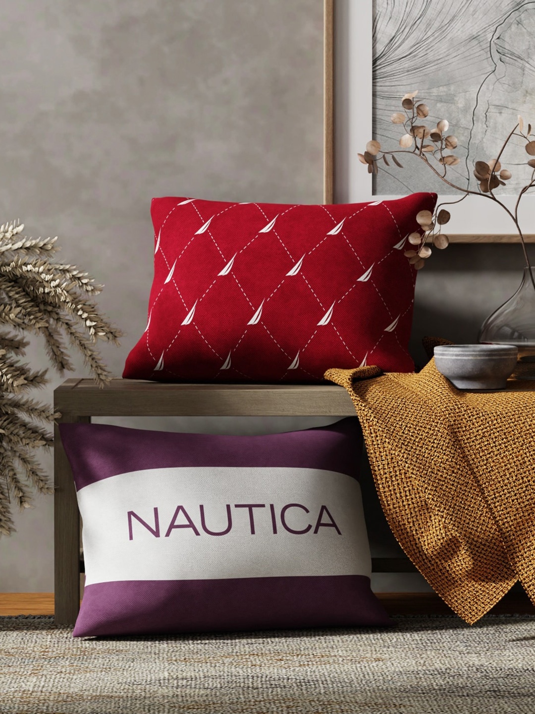 

Nautica Burgundy & Red 2 Pieces Striped Pure Cotton Rectangle Cushion Covers