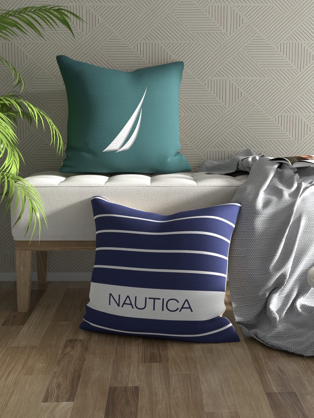 

Nautica Green & Blue 2 Pieces Striped ure Cotton Square Cushion Covers