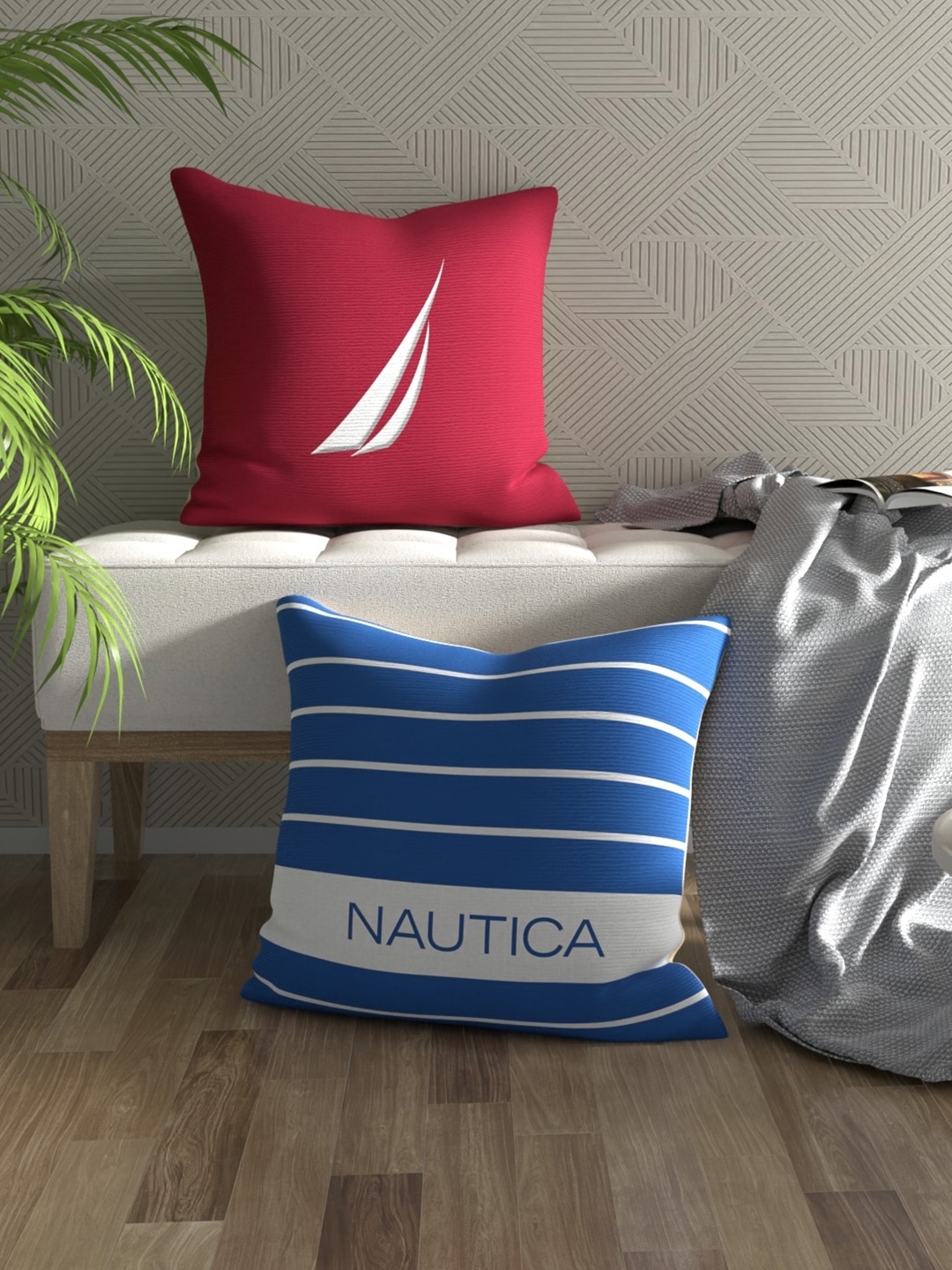 

Nautica Burgundy & Blue 2 Pieces Striped Square Pure Cotton Cushion Covers