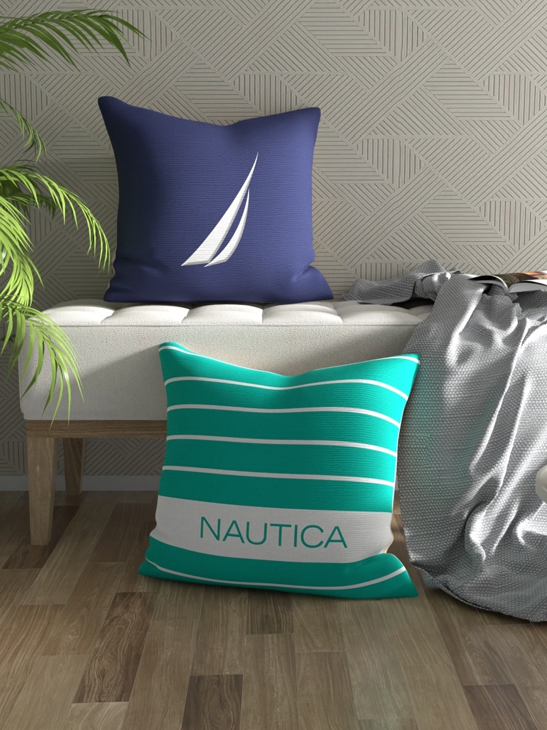 

Nautica Navy Blue & Green 2 Pieces Striped Square Pure Cotton Cushion Covers