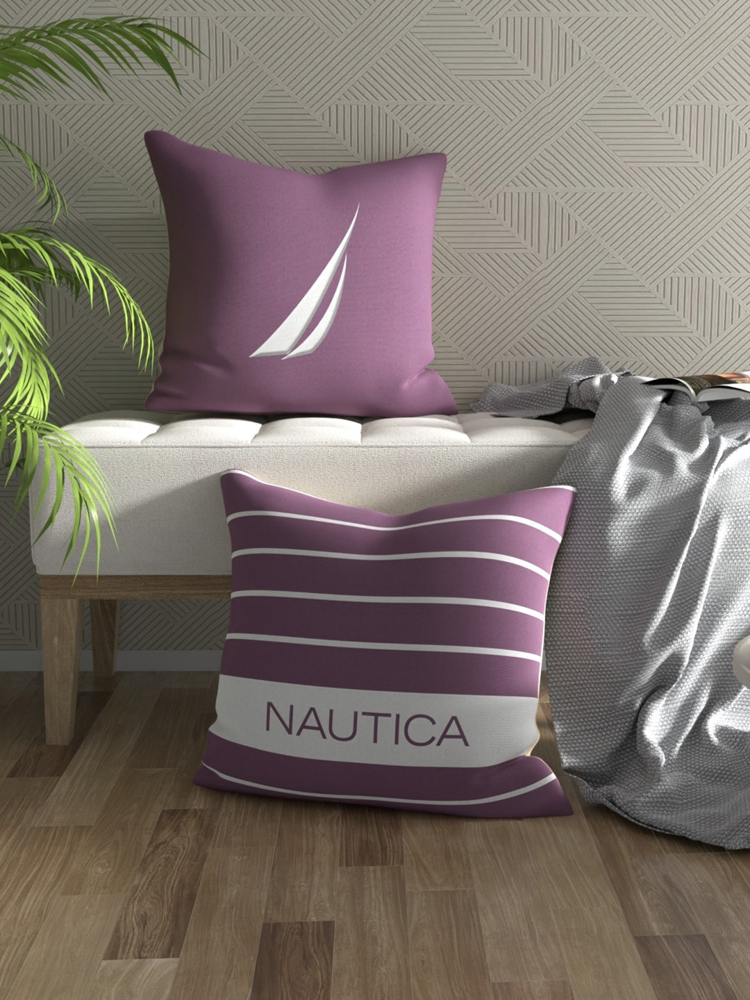 

Nautica Mauve & White 2 Pieces Striped Square Pure Cotton Cushion Covers