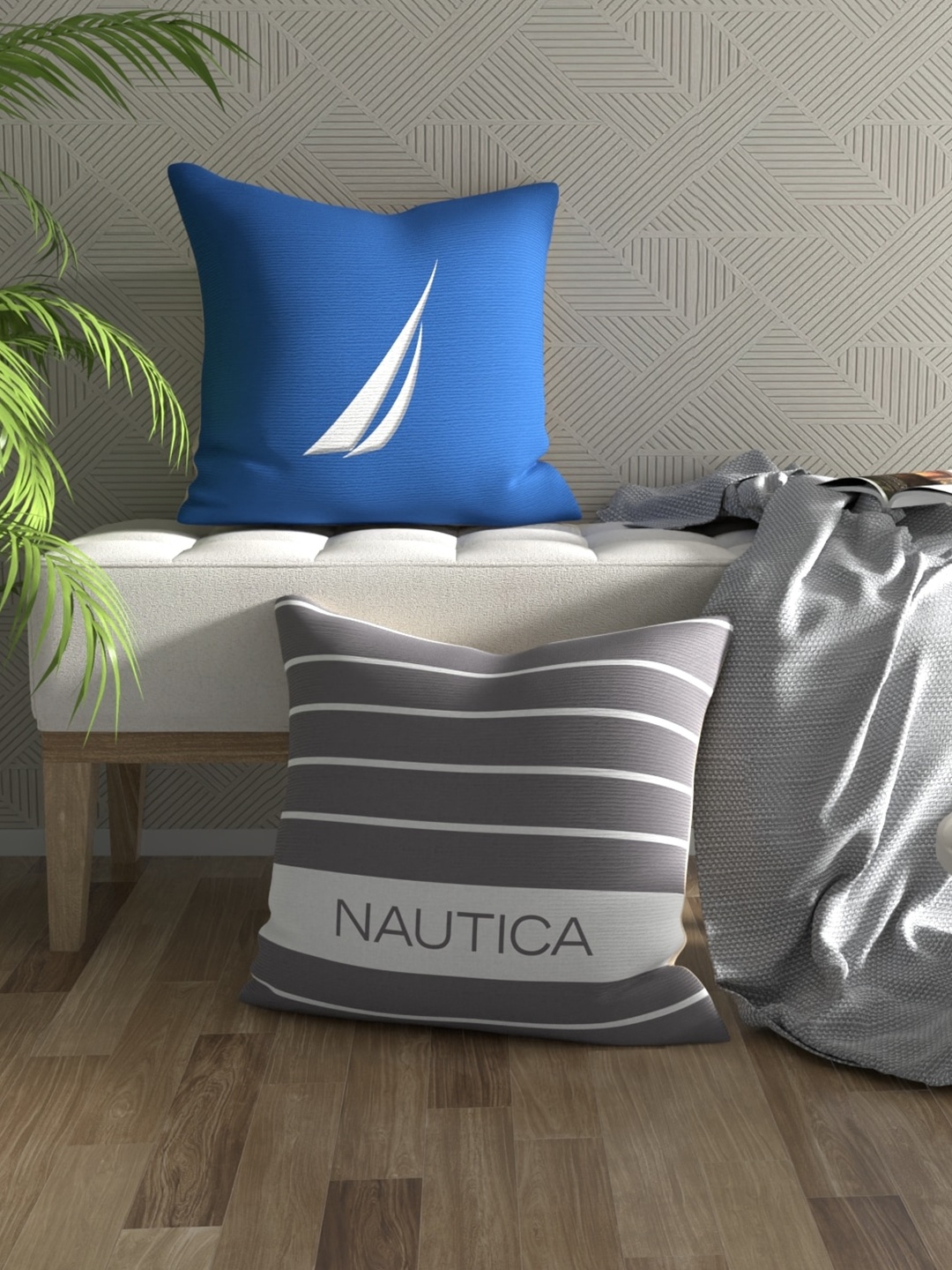 

Nautica Blue & Grey 2 Pieces Striped Square Pure Cotton Cushion Covers