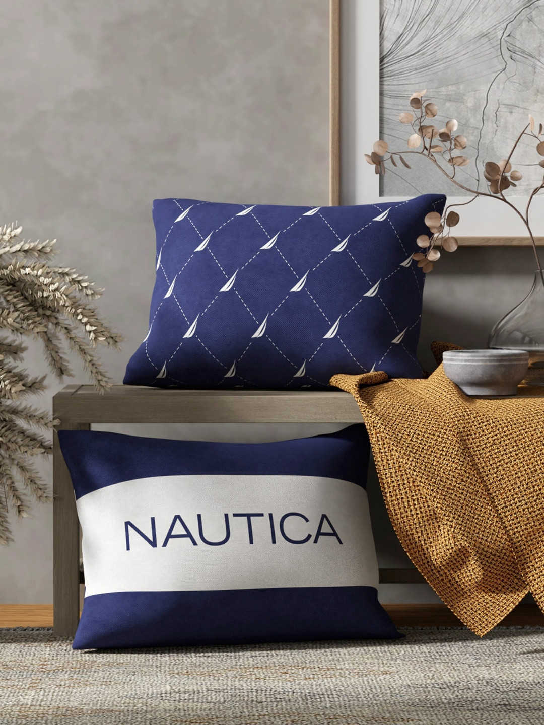 

Nautica Navy Blue & White 2 Pieces Geometric Printed Rectangle Pure Cotton Cushion Covers