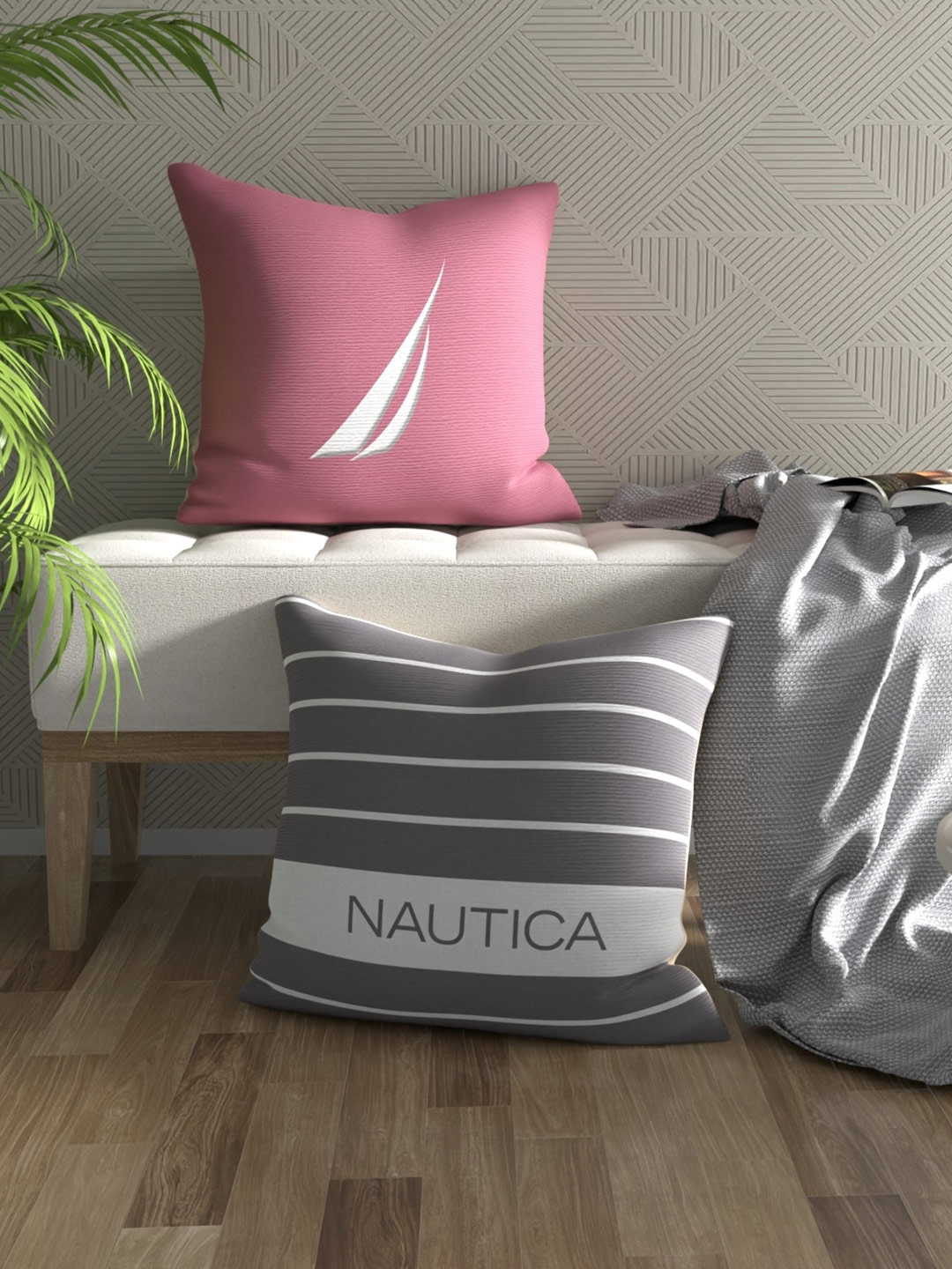 

Nautica Pink & Grey Set of 2 Striped Square Pure Cotton Cushion Covers