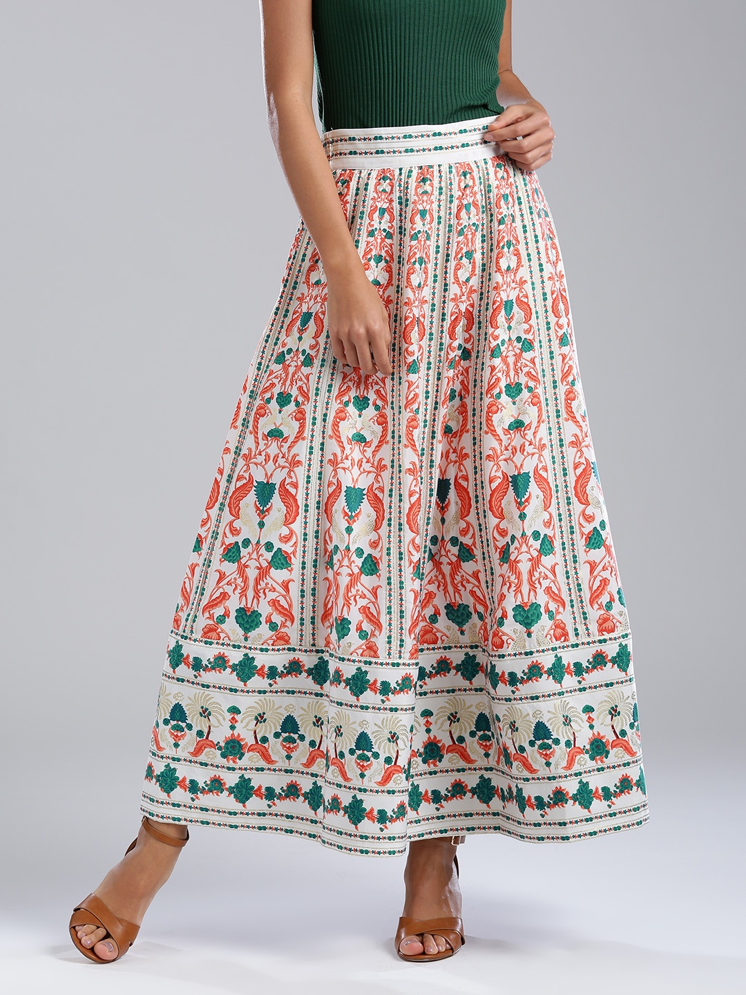 

WISHFUL by W Women White & Orange Printed Flared Maxi Skirt