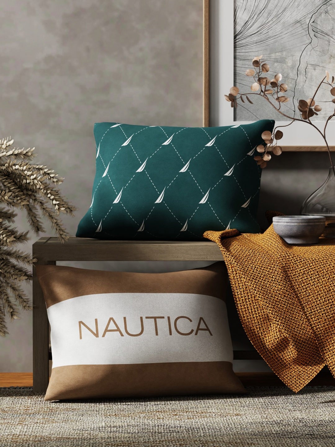 

Nautica Green & Brown 2 Pieces Geometric Printed Rectangle Pure Cotton Cushion Covers