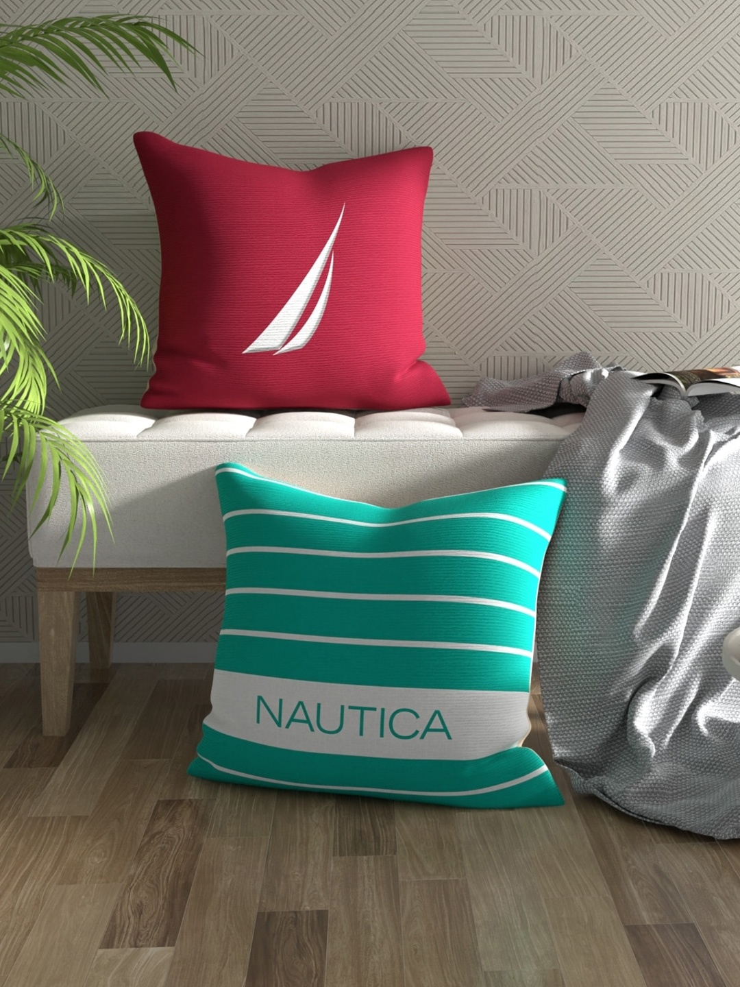 

Nautica Green & Red 2 Pieces Striped Square Pure Cotton Cushion Covers
