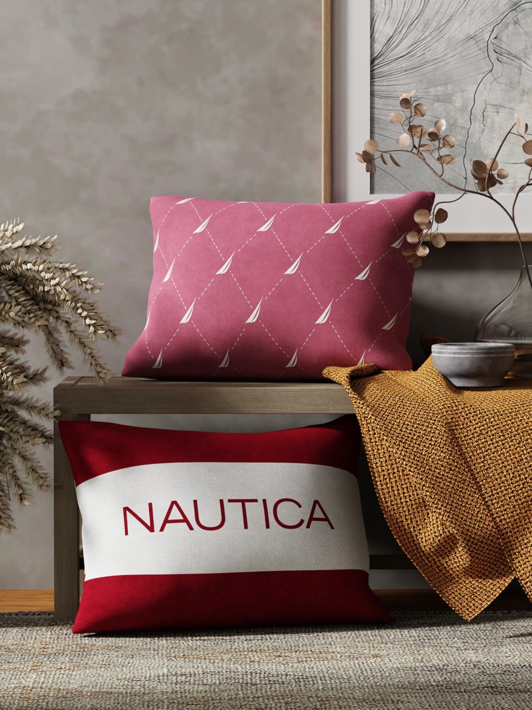 

Nautica Pink & Red 2 Pieces Geometric Printed Rectangle Pure Cotton Cushion Covers