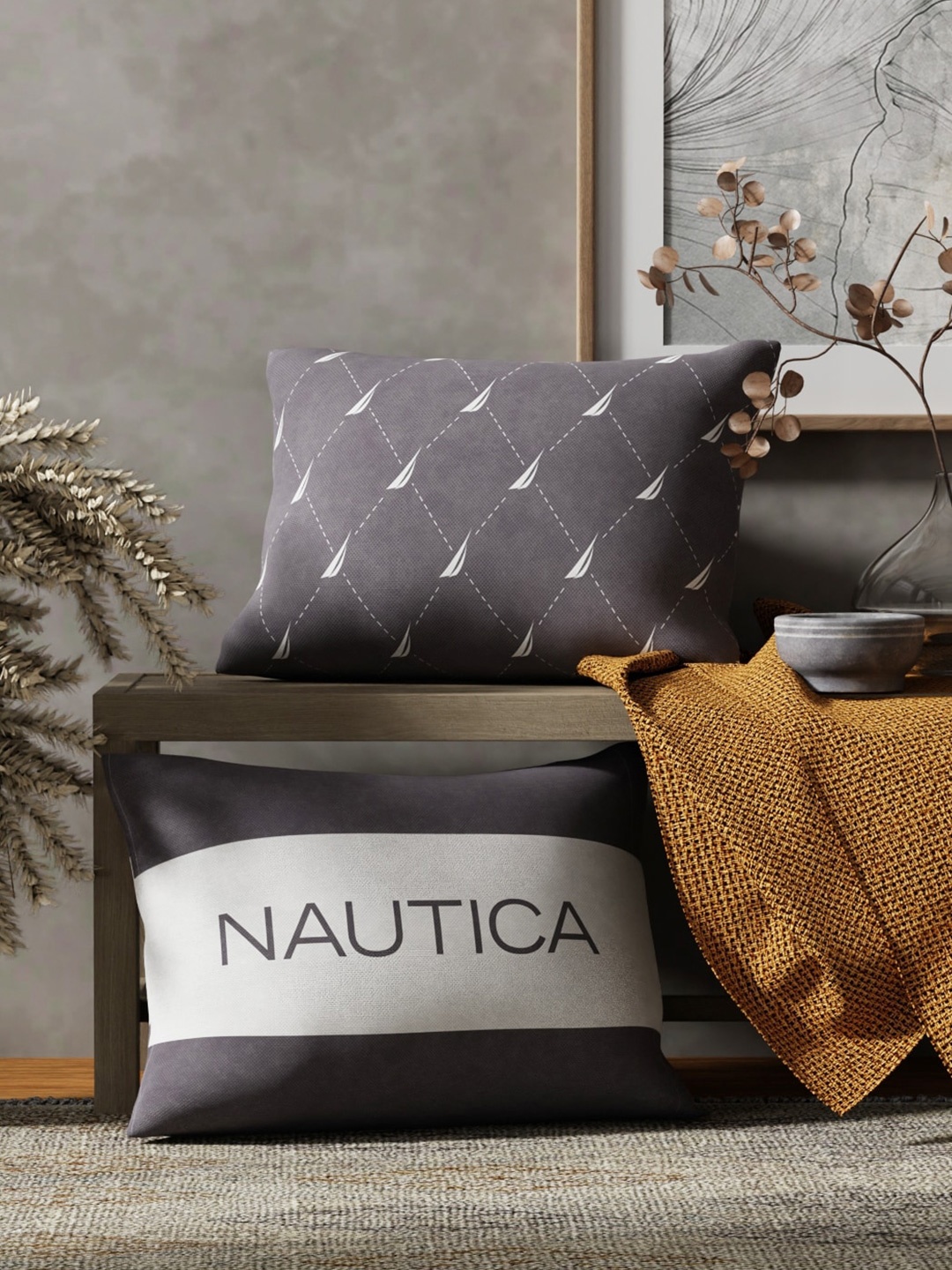 

Nautica Grey & White 2 Pieces Geometric Printed Rectangle Pure Cotton Cushion Covers