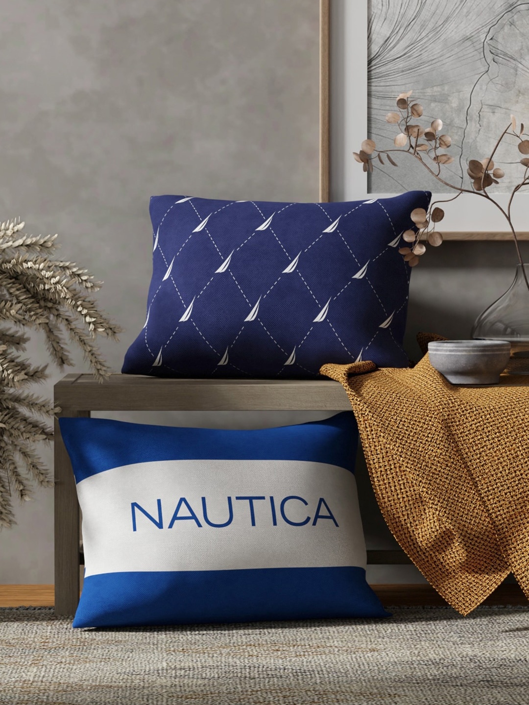 

Nautica Navy Blue & Purple 2 Pieces Geometric Printed Rectangle Pure Cotton Cushion Covers