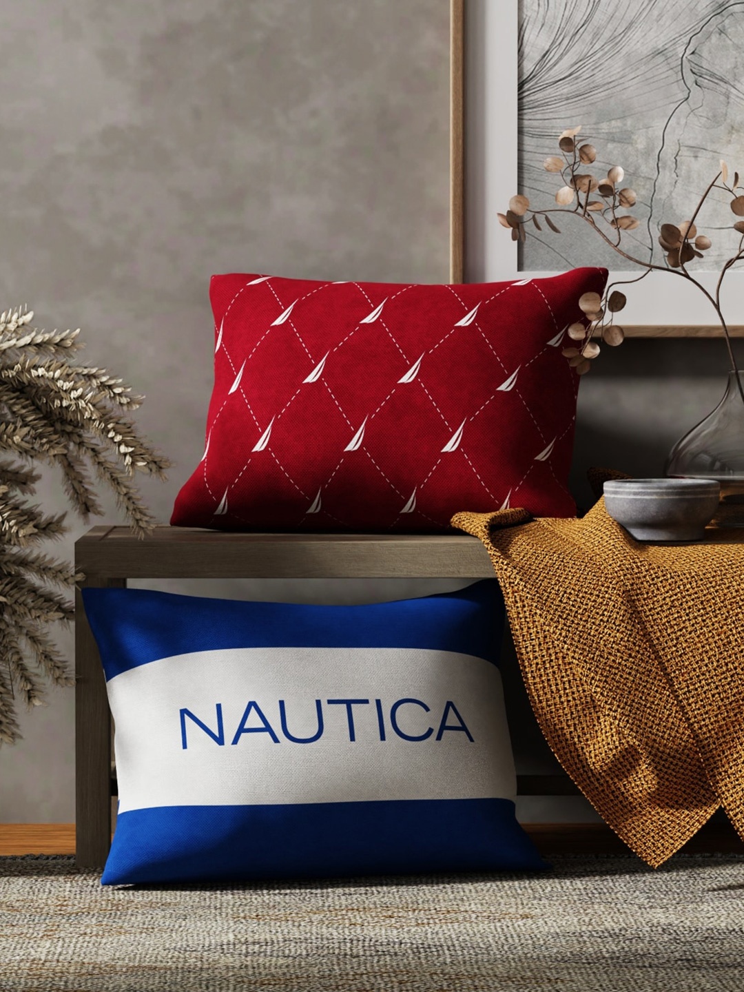 

Nautica Burgundy & Blue 2 Pieces Geometric Printed Rectangle Pure Cotton Cushion Covers