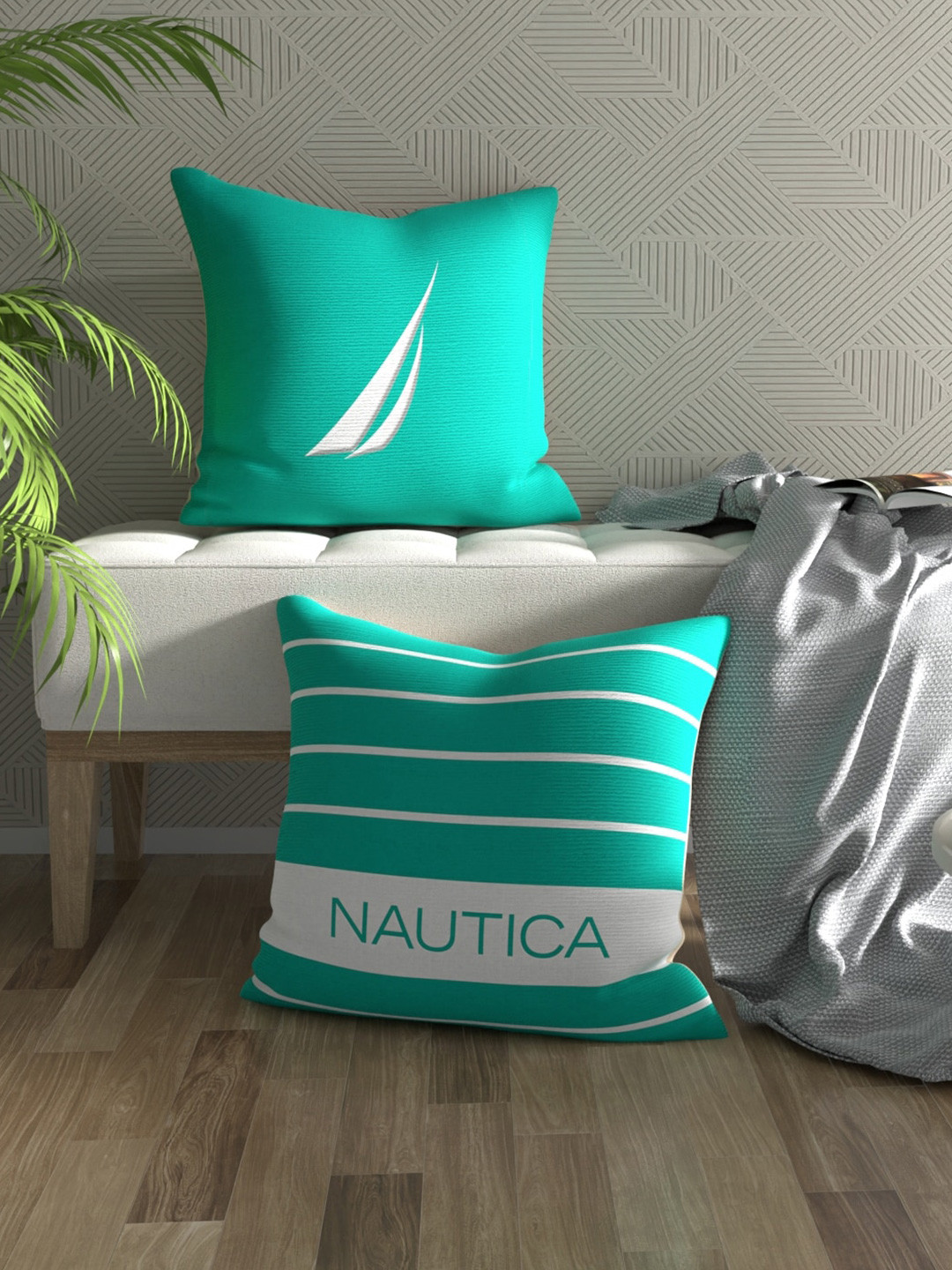 

Nautica Green & White Set of 2 Striped Square Pure Cotton Cushion Covers