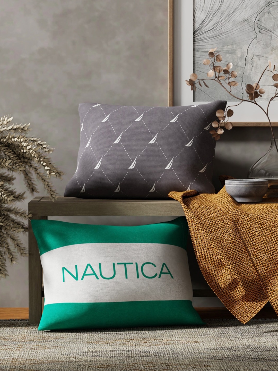 

Nautica Grey & Green 2 Pieces Geometric Printed Rectangle Pure Cotton Cushion Covers
