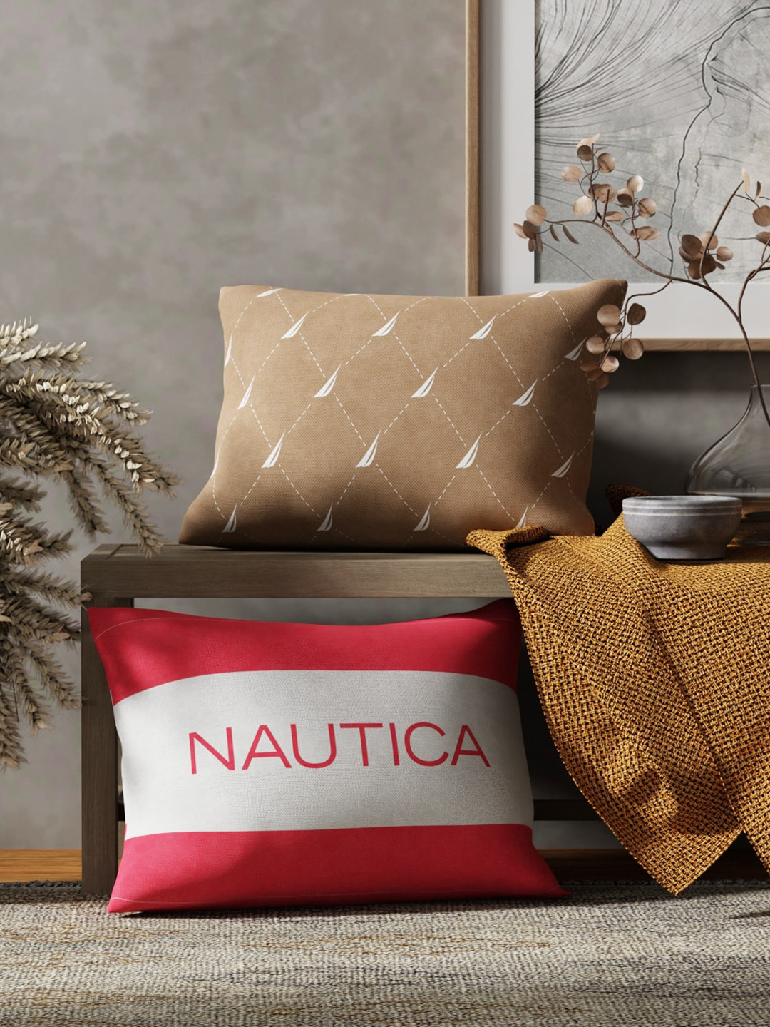 

Nautica Beige & Red 2 Pieces Geometric Printed Rectangle Pure Cotton Cushion Covers