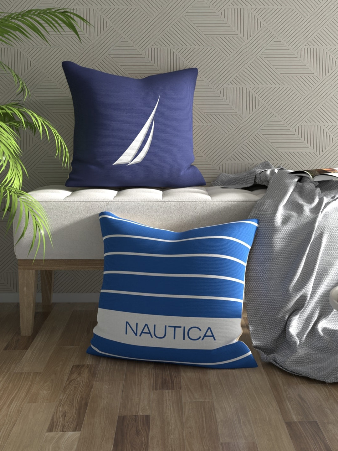 

Nautica Navy Blue & White 2 Pieces Striped Square Pure Cotton Cushion Covers