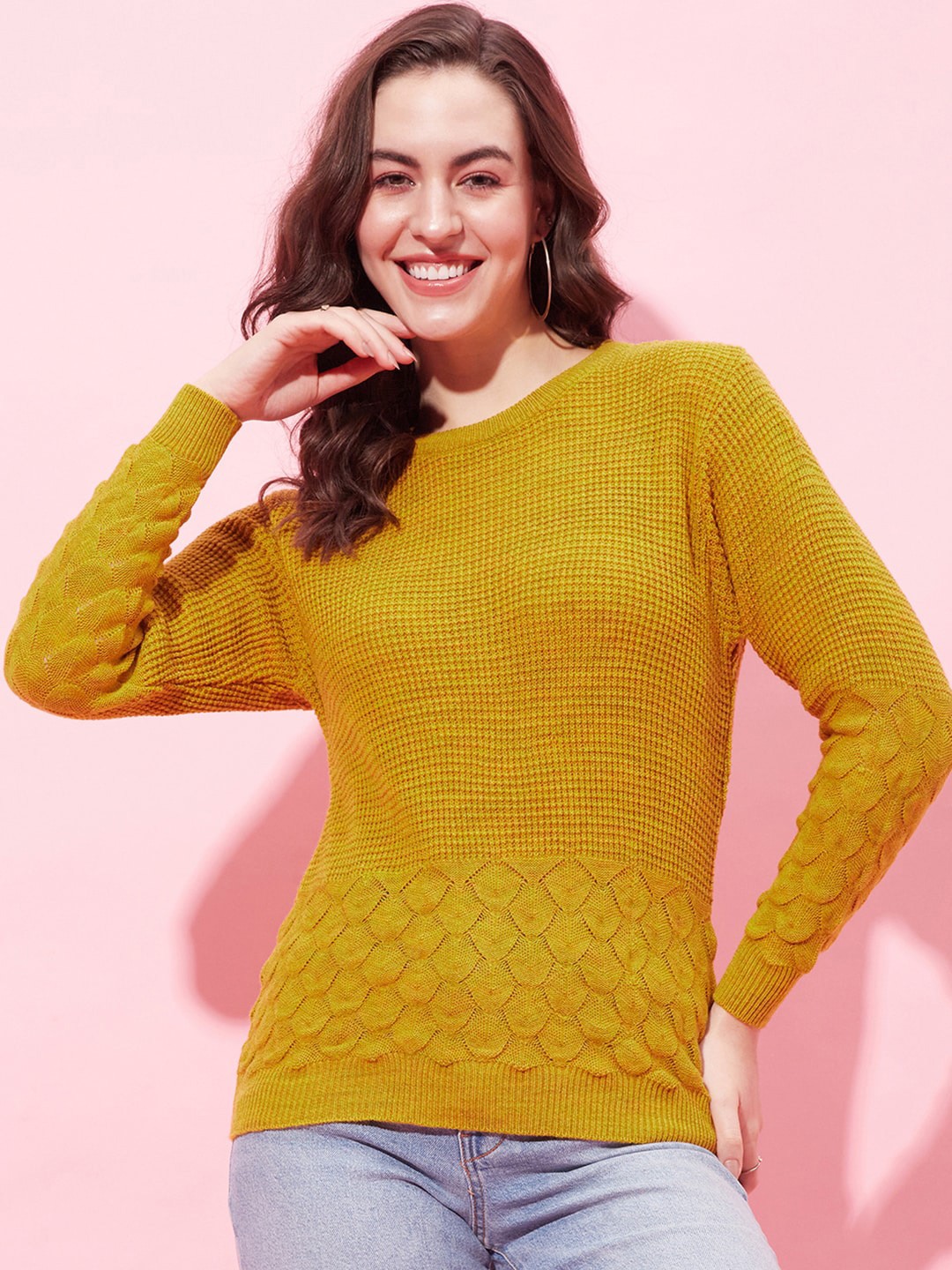 

Modeve Self Design Open Knit Acrylic Pullover, Mustard