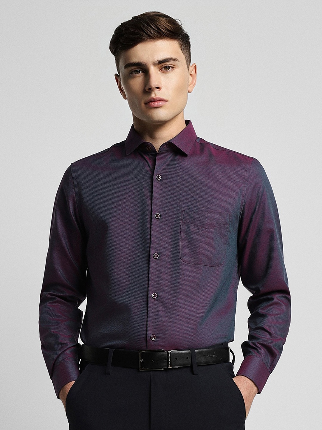 

Peter England Elite Slim Fit Spread Collar Long Sleeve Cotton Formal Shirt, Purple