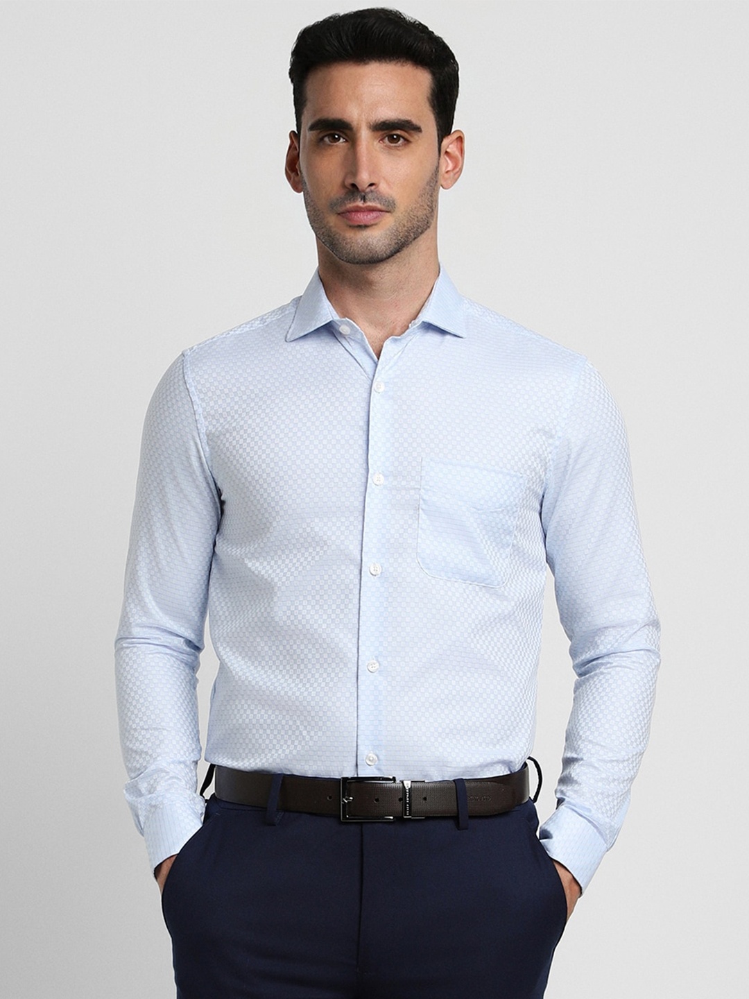 

Peter England Elite Slim Fit Self Design Pure Cotton Formal Shirt, Blue