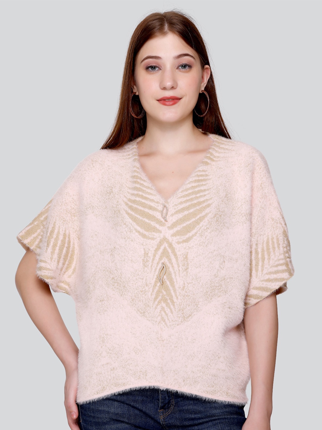 

Elthia Extended Sleeves V-Neck Woolen Top, Pink